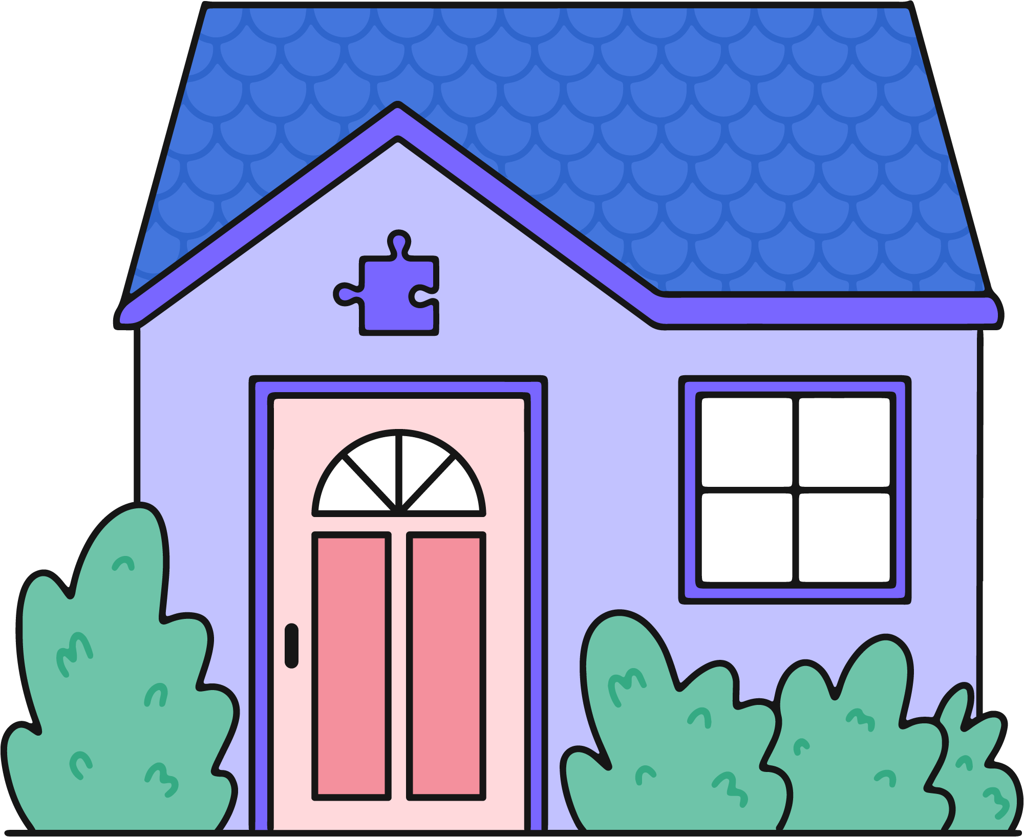 An image of a purple house with a puzzle piece above the door and some shrubs in front.